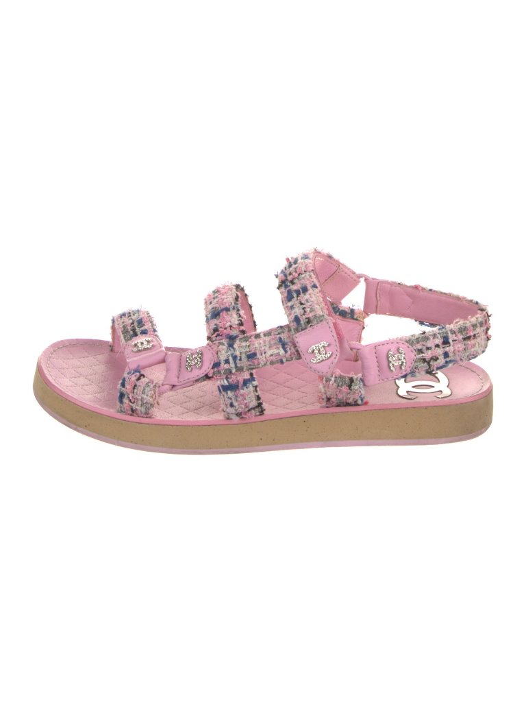 Chanel Pink Tweed Interlocking Cc Logo Slingback Dad Sandals